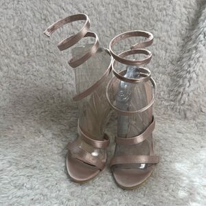 Rop show Champagne Satin Wrap Around Stilettos size 10
